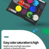 A palette of 15 colors for face and body painting, showing various shades of paint and application tools.