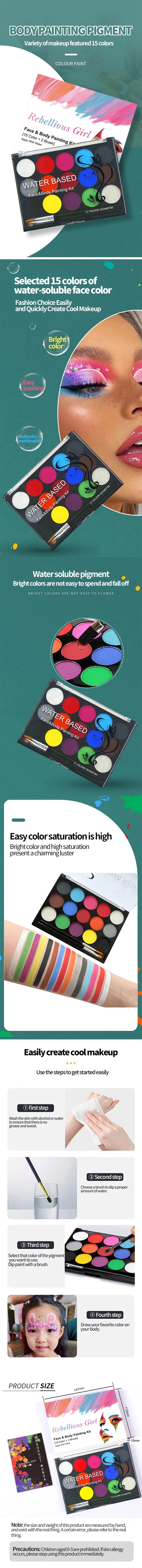 A palette of 15 colors for face and body painting, showing various shades of paint and application tools.