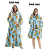 Two versions of an adult long and short plush fleece blanket hoodie featuring a repeating pizza pattern in blue.