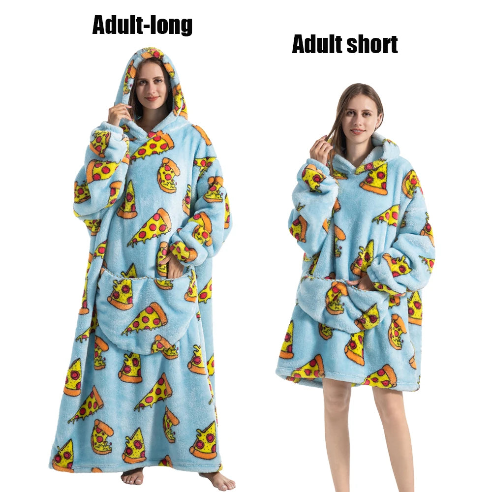 Two versions of an adult long and short plush fleece blanket hoodie featuring a repeating pizza pattern in blue.
