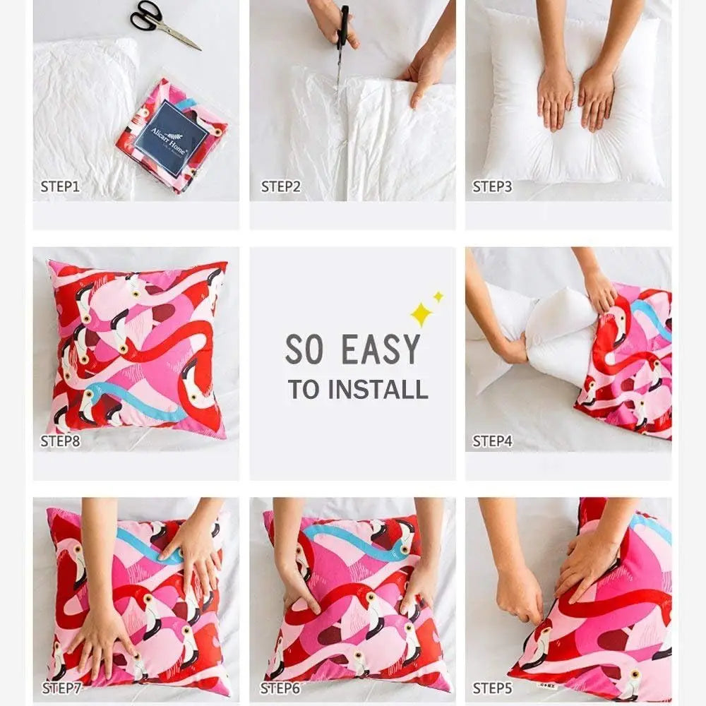 Step-by-step guide showing how to install customizable photo throw pillow covers on a white pillow.