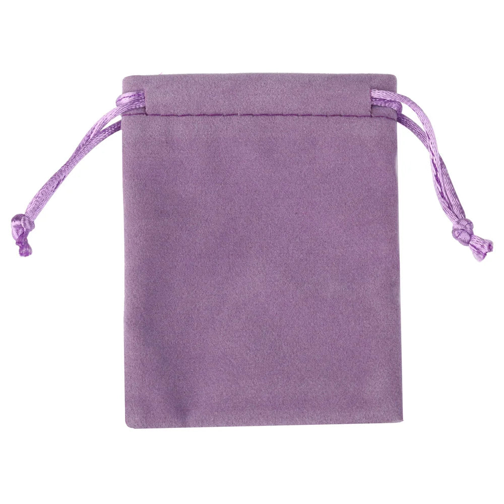 A square purple velvet drawstring gift bag with purple ties.