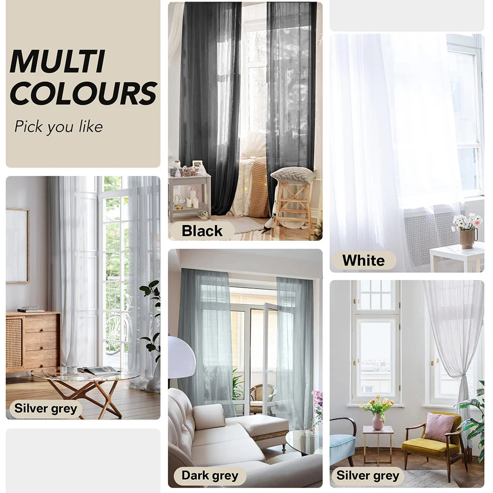 A collection of multi-coloured sheer voile curtain panels in black, white, silver grey, and dark grey.