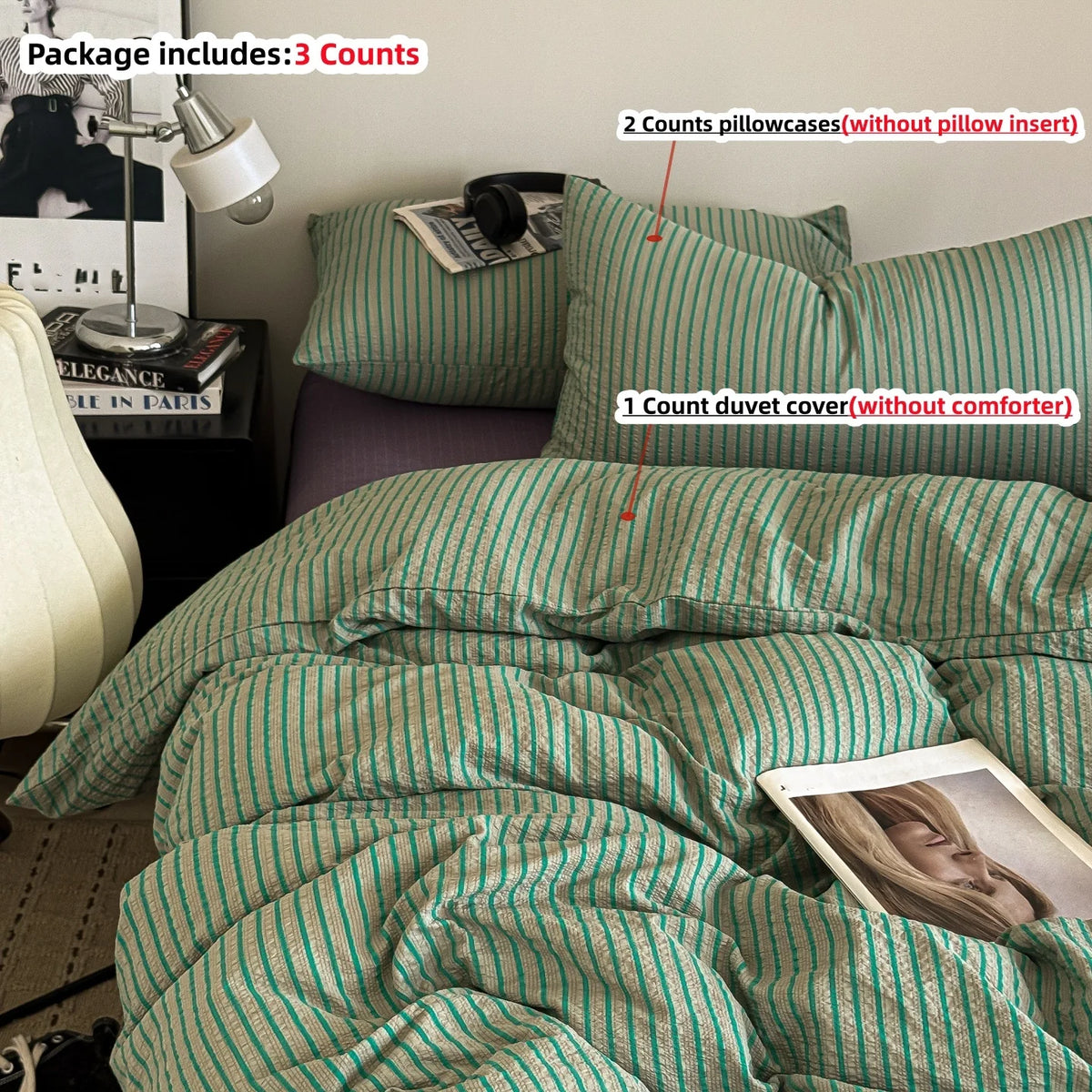 A set of striped bedding includes three counts: two pillowcases, one duvet cover, and a comforter.