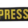 Black embroidered armband patch with yellow text reading PRESS