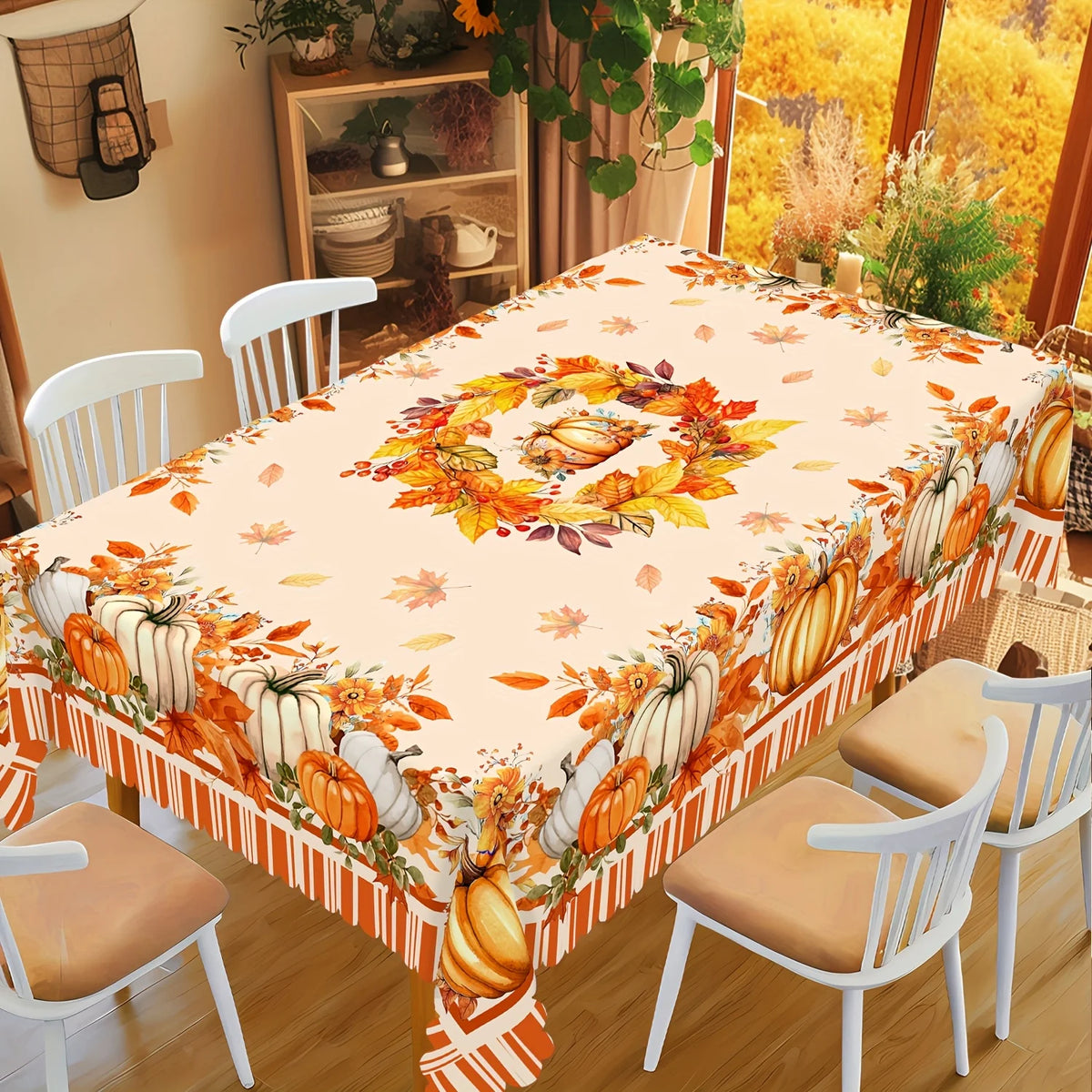 Fall harvest tablecloth featuring orange pumpkins, maple leaves, and autumn foliage on a wooden table.