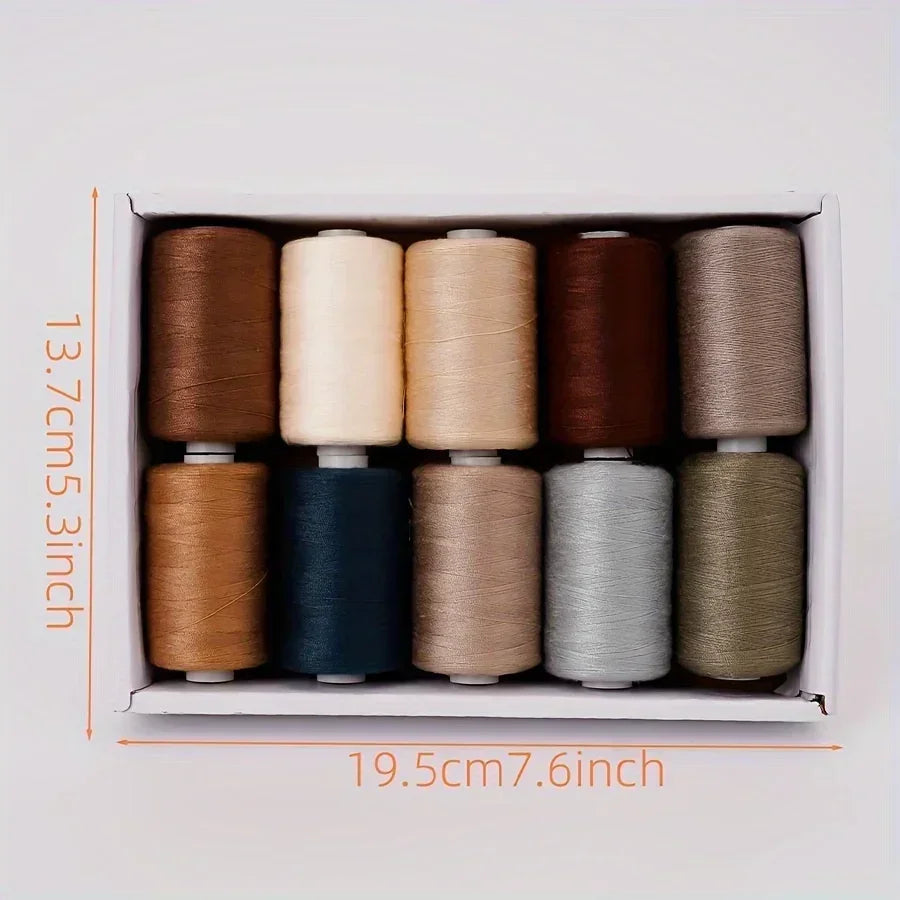 A pack of ten high-quality polyester sewing threads in various shades of brown, beige, and gray are displayed in a cardboard 