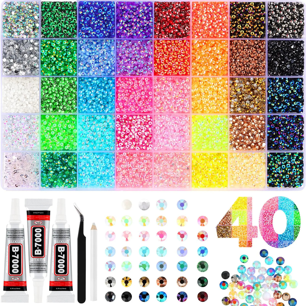 A collection of various colored and glittery rhinestones, sequins, and craft embellishments for DIY resin projects.