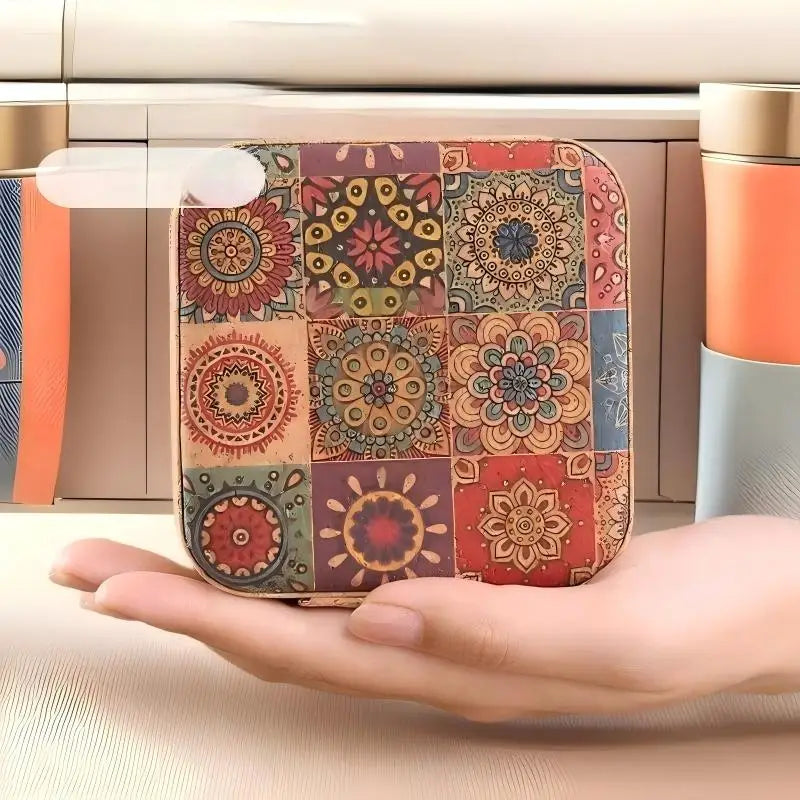 A hand holds a retro style zipper sewing kit storage box with colorful patchwork fabric patterns.