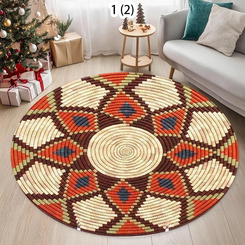 Round ethnic geometric non-slip area rug with warm earth tones and patterned design