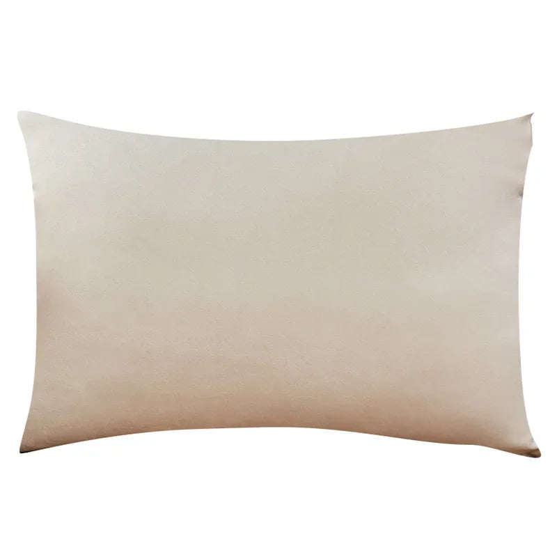 A square throw pillow cover in a neutral beige or taupe color.
