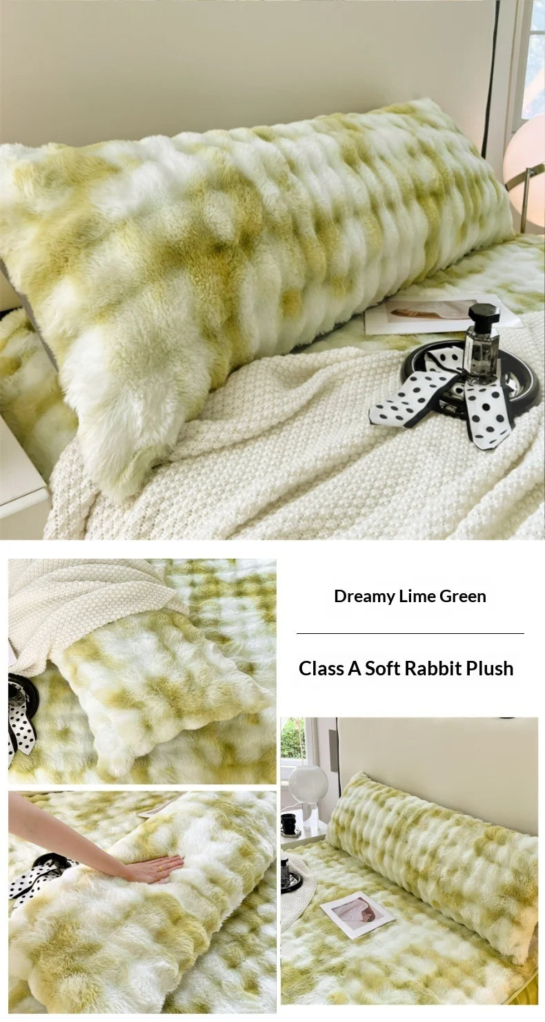 A fluffy lime green rabbit plush pillow and blanket set with a white background.
