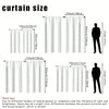 A set of two light-filtering rod pocket curtains in white, shown with various size options and a person for scale.