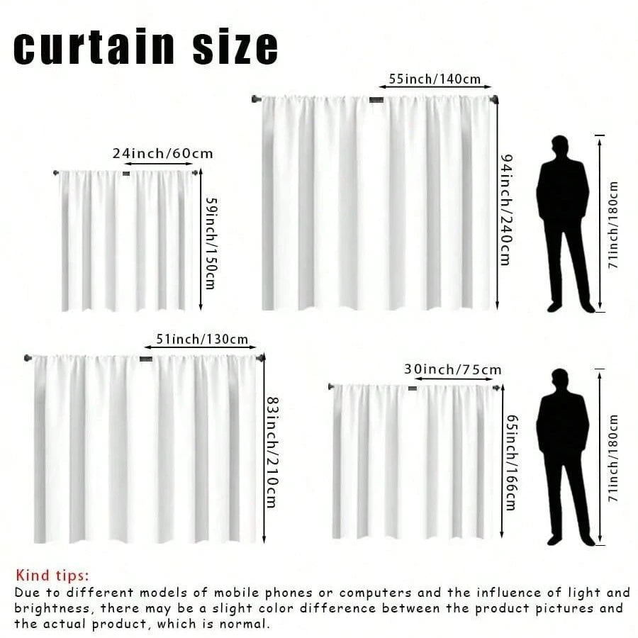 A set of two light-filtering rod pocket curtains in white, shown with various size options and a person for scale.