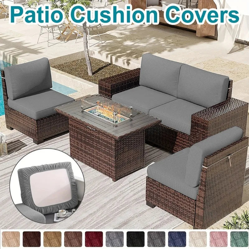 Outdoor wicker patio cushion covers in various colors and patterns for furniture seating