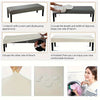 Demonstration of applying a stretch pu leather waterproof bench slipcover to a gray bench.