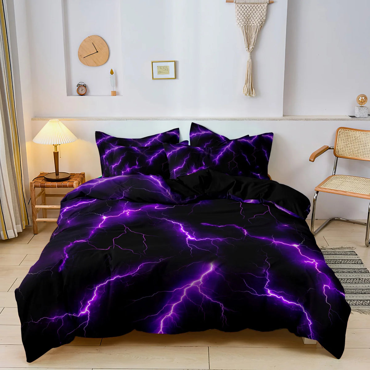 Black duvet cover set featuring a vibrant purple lightning thunder print with electrical bolts.