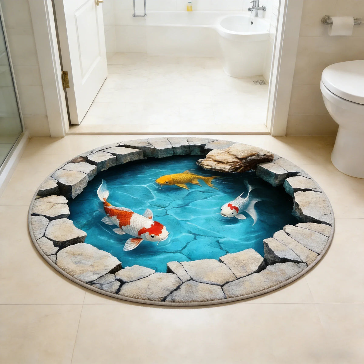 A round rug depicting a blue water scene with orange and white koi fish.