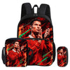 A black football sport backpack featuring a graphic of a male soccer player in a red shirt.