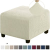 A square jacquard footrest ottoman slipcover in a light beige color with a woven texture.