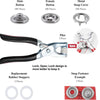 A set of metal snap button fasteners including male and female buttons, pliers, rubber stoppers, and a snap fastener example.