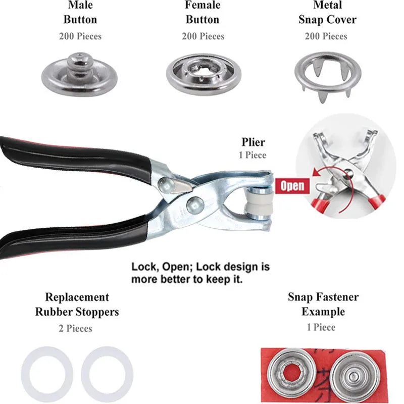 A set of metal snap button fasteners including male and female buttons, pliers, rubber stoppers, and a snap fastener example.