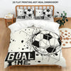 A soccer ball themed bedding set featuring a duvet cover and three pillowcases with graphic designs.