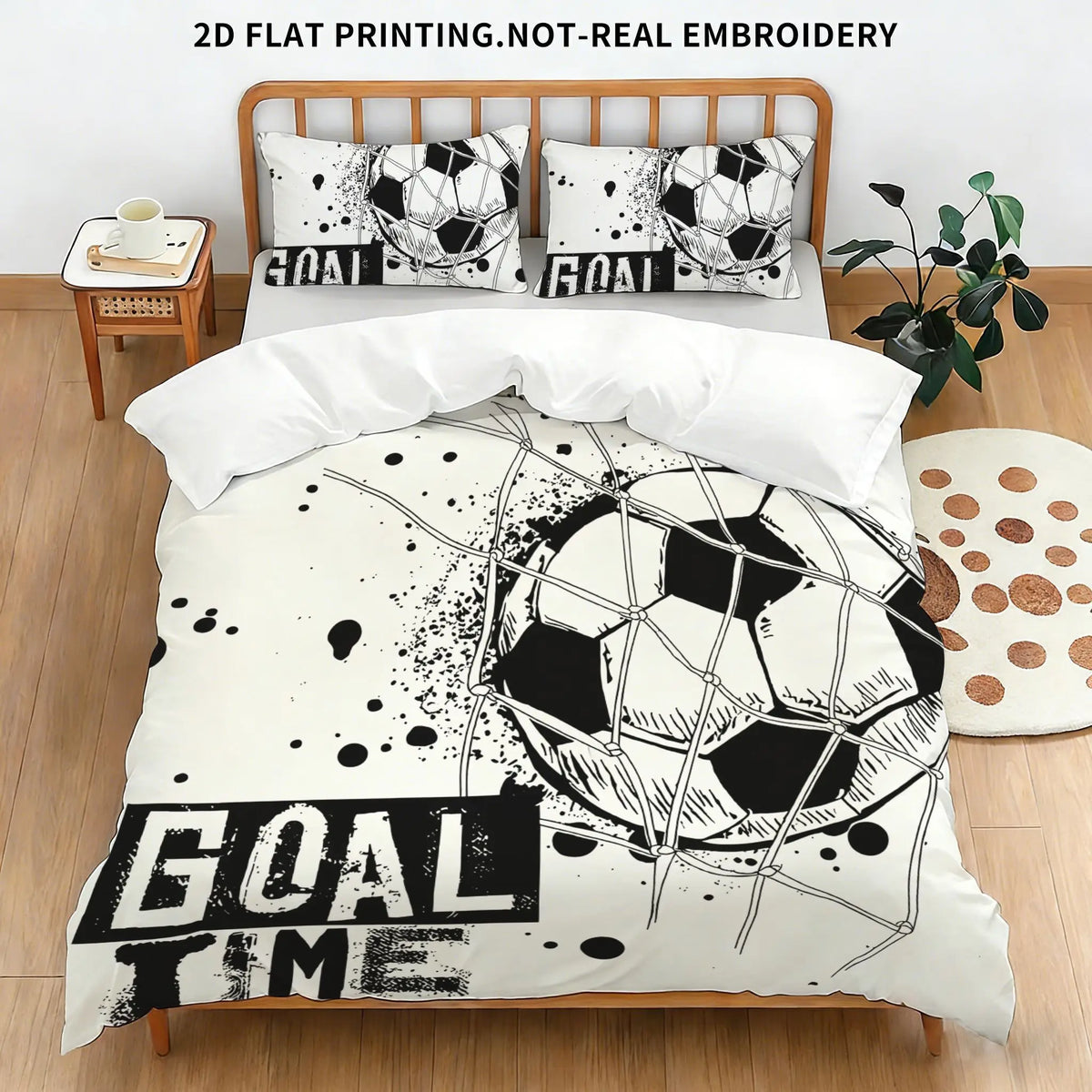 A soccer ball themed bedding set featuring a duvet cover and three pillowcases with graphic designs.