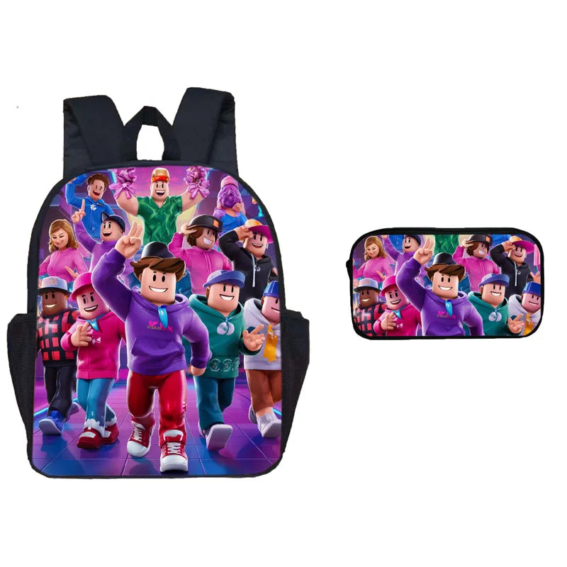 A dual-sided backpack and pen case set featuring characters from ROBLOX in vibrant colors.