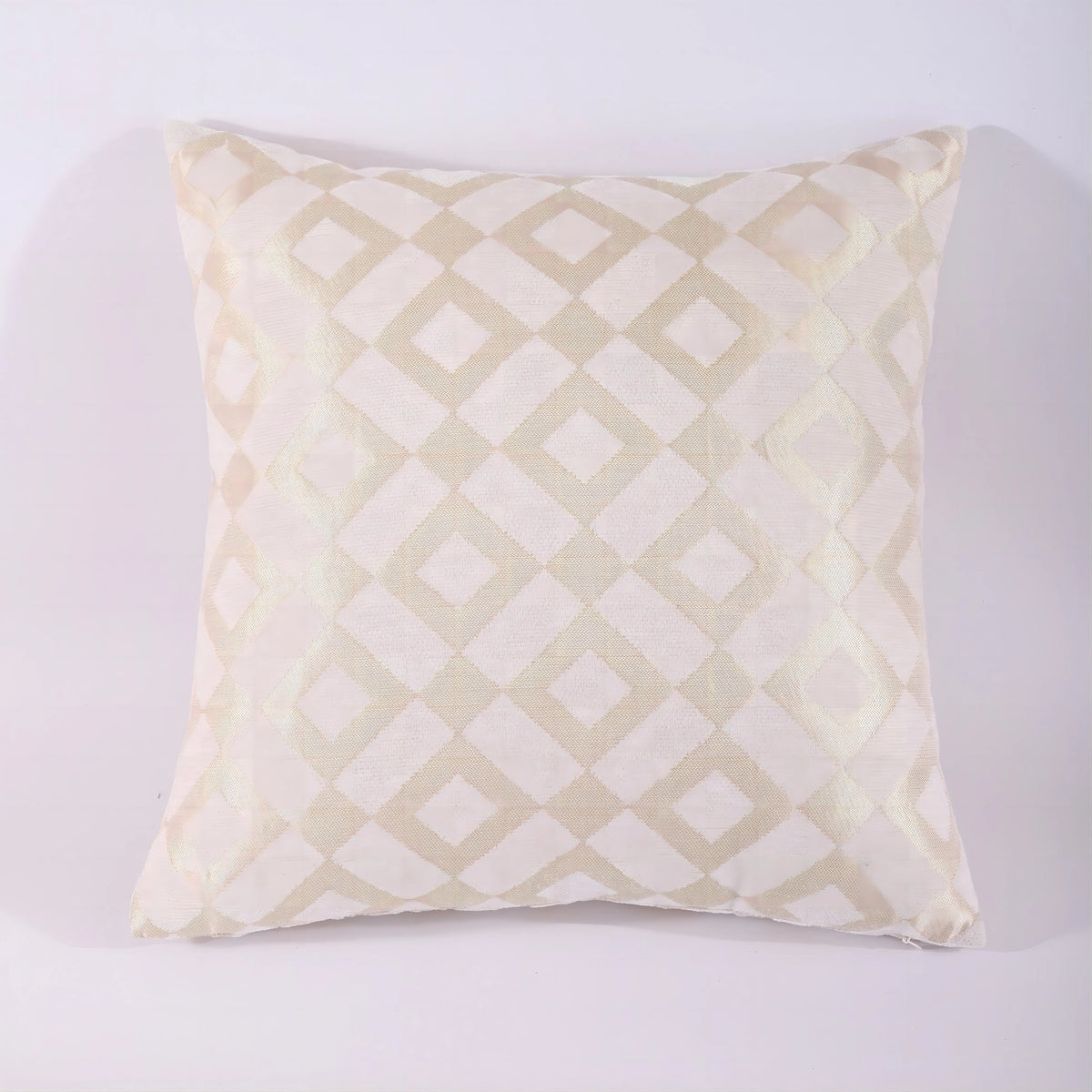 A square throw pillowcase made of beige chenille jacquard fabric with a diamond pattern.