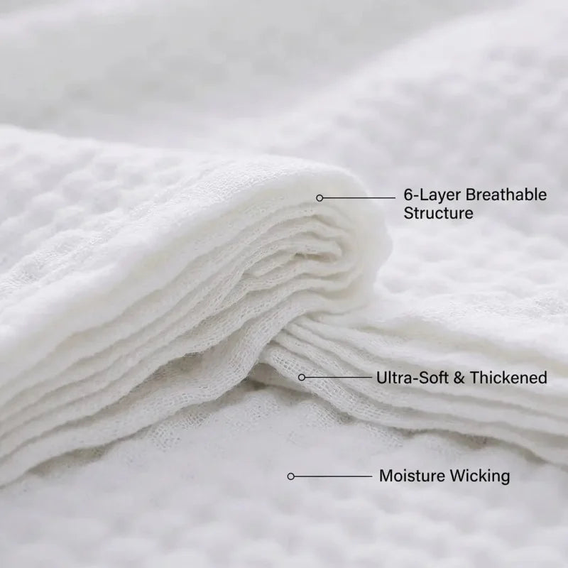 Close-up of a white Pure Cotton Gauze Throw Blanket showing its 6-layer breathable structure and moisture-wicking fabric.