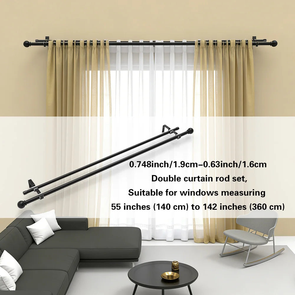 Black metal adjustable double curtain rod set used for window measurements in a living room