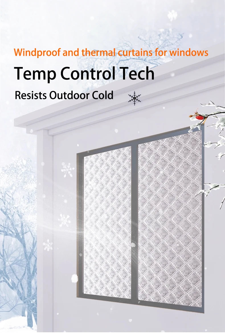 A close-up of a white quilted thermal curtain installed in a window frame, designed for windproof and thermal control.