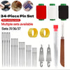 A set of precision hand sewing needles and accessories including multiple sets, a red spool, and a brown wooden tool.