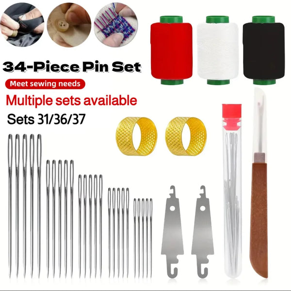 A set of precision hand sewing needles and accessories including multiple sets, a red spool, and a brown wooden tool.