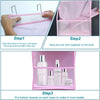 Instructions showing how to hang and use a pink foldable over-the-door storage organizer for toiletries.