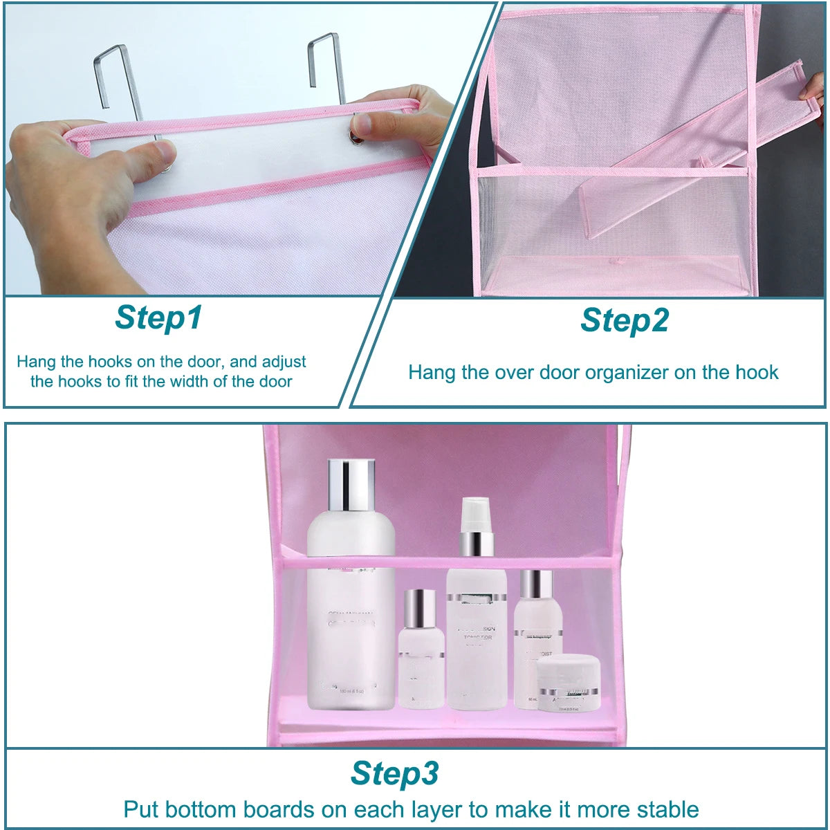 Instructions showing how to hang and use a pink foldable over-the-door storage organizer for toiletries.