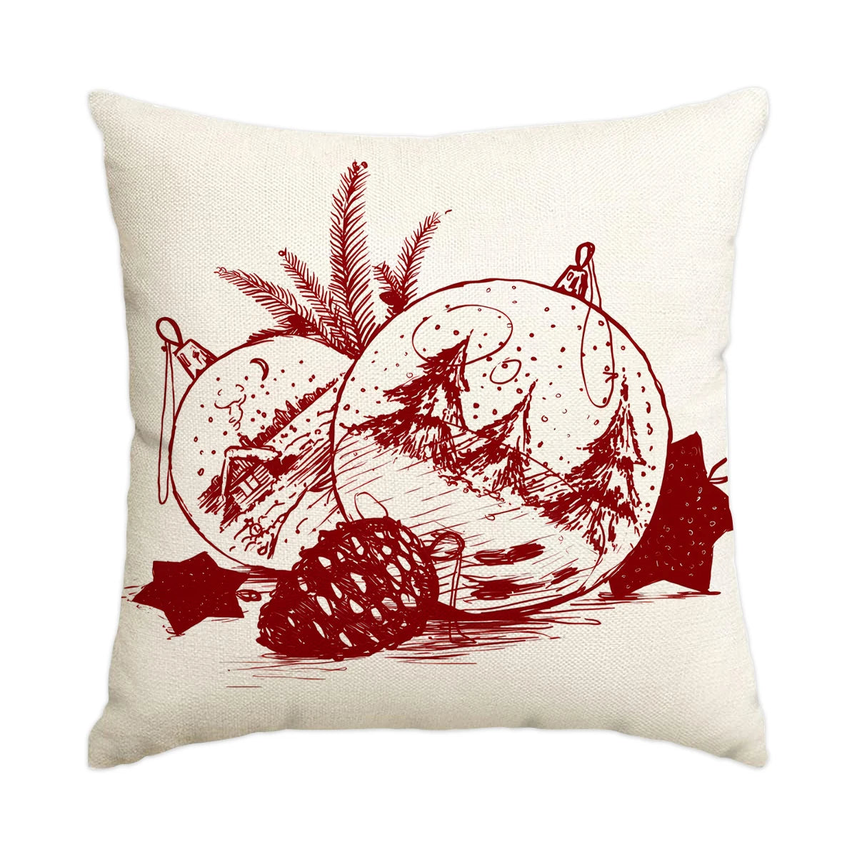 A red line drawing of a Christmas snowflake tree, pine cones, and a globe on a beige pillow cover.