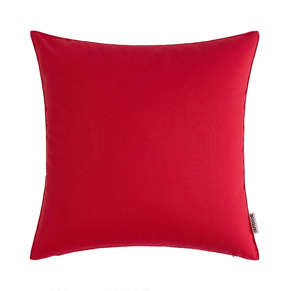 A vibrant red decorative outdoor pillow cover for patio and garden use.