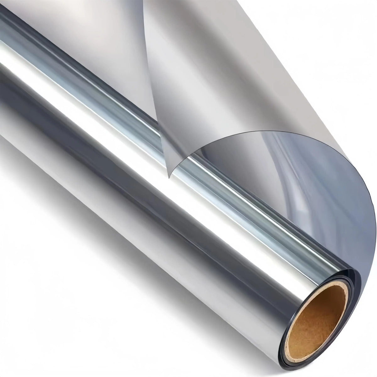 Roll of silver window film material shown in a close-up view