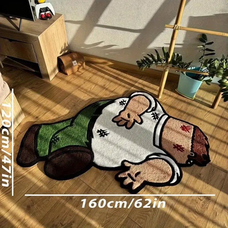 A cartoon-themed soft area rug featuring a character lying down on a wooden floor.