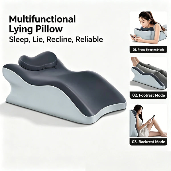 A gray multifunctional lying pillow shown in three modes: prone, footrest, and backrest.