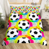 A vibrant football patterned duvet cover set featuring black and white soccer balls on a colorful background.