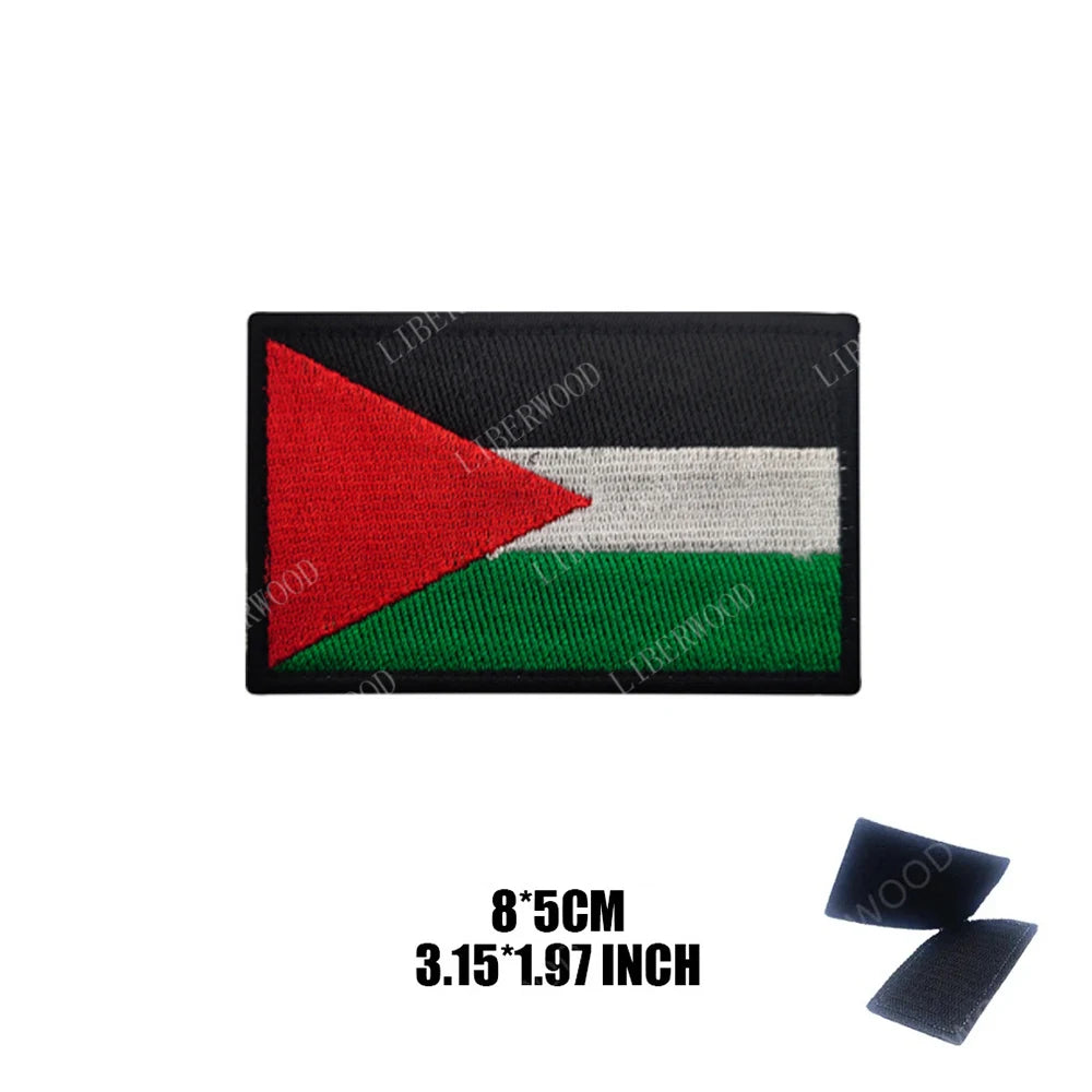Tactical embroidered patch featuring the Palestinian flag design in red, black, and green.