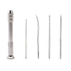 A set of four interchangeable leather sewing awls or needles shown vertically.