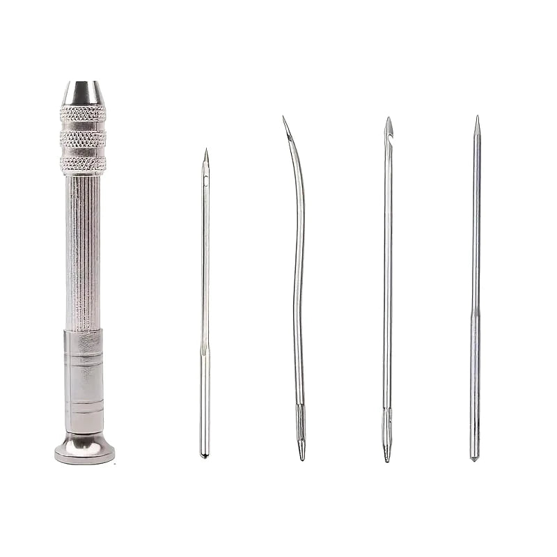A set of four interchangeable leather sewing awls or needles shown vertically.