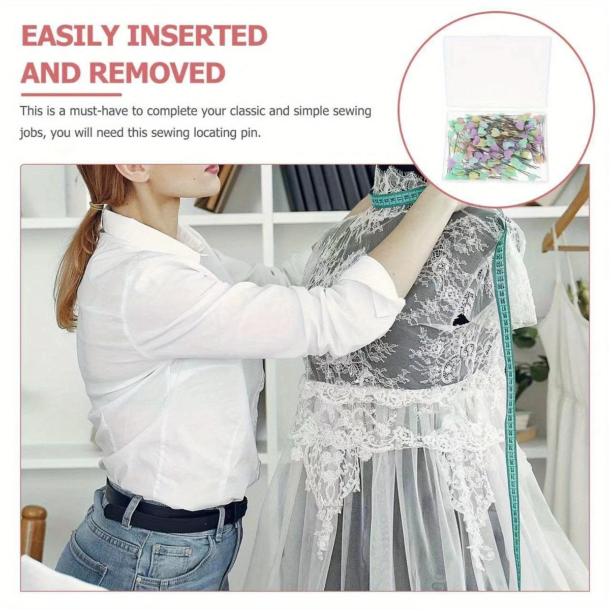 A close-up shows a person easily inserting and removing heart-shaped sewing pins into fabric.