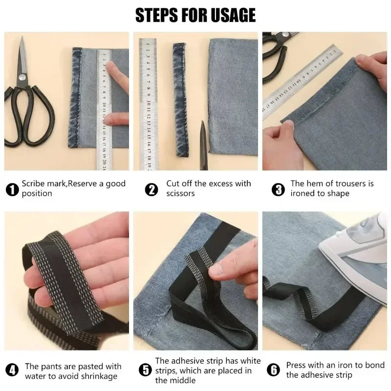 Six steps showing how to use iron-on hem tape for pants and jeans.
