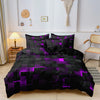 A black duvet cover featuring a vibrant purple geometric grid plaid pattern.