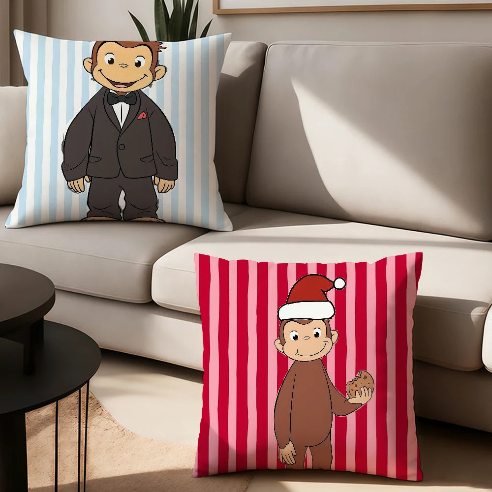 A decorative pillow cover featuring a cartoon illustration of a brown monkey wearing a suit and a red Santa hat against a str